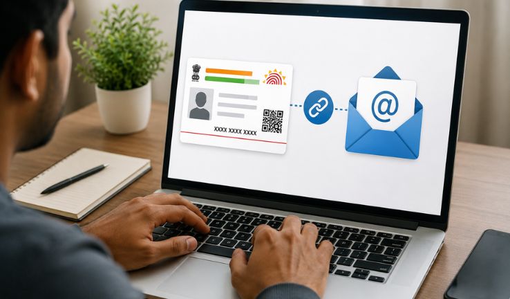 Aadhaar Email Link Online ಪ್ರಕ್ರಿಯೆ ತೋರಿಸುವ ಚಿತ್ರ, ಲ್ಯಾಪ್‌ಟಾಪ್ ಮೂಲಕ ಆಧಾರ್‌ಗೆ ಇಮೇಲ್ ಐಡಿ ಲಿಂಕ್ ಮಾಡುವ ವಿಧಾನ.