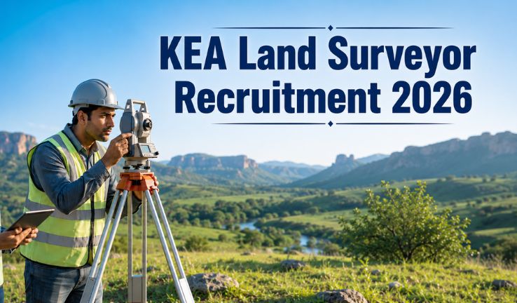 KEA Land Surveyor Recruitment 2026 ಬ್ಯಾನರ್‌ನಲ್ಲಿ ಭೂಮಾಪಕ ಸರ್ವೇ ಕಾರ್ಯ ನಿರ್ವಹಿಸುತ್ತಿರುವ ದೃಶ್ಯ ಮತ್ತು 750 ಭೂಮಾಪಕರ ಹುದ್ದೆಗಳ ನೇಮಕಾತಿಯ ಮಾಹಿತಿ.