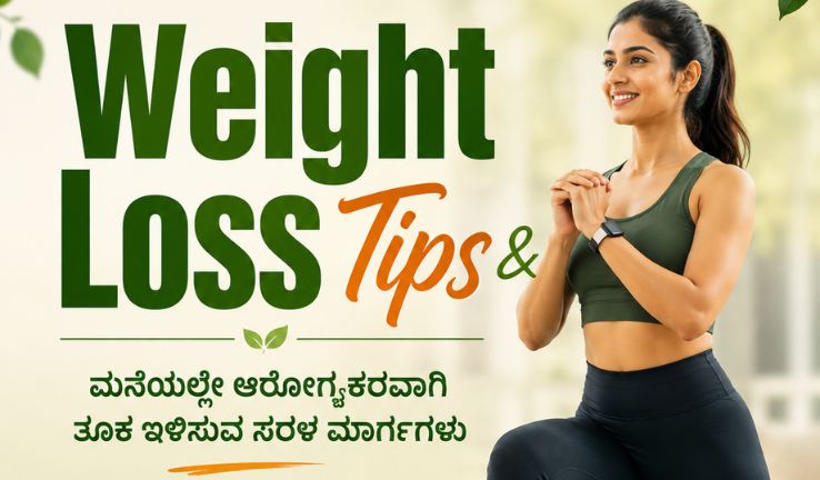 ಮನೆಯಲ್ಲೇ ವ್ಯಾಯಾಮ ಮಾಡುತ್ತಿರುವ ಮಹಿಳೆ ಮತ್ತು ಆರೋಗ್ಯಕರ ಆಹಾರದೊಂದಿಗೆ Weight Loss Tips ಮಾರ್ಗದರ್ಶಿ