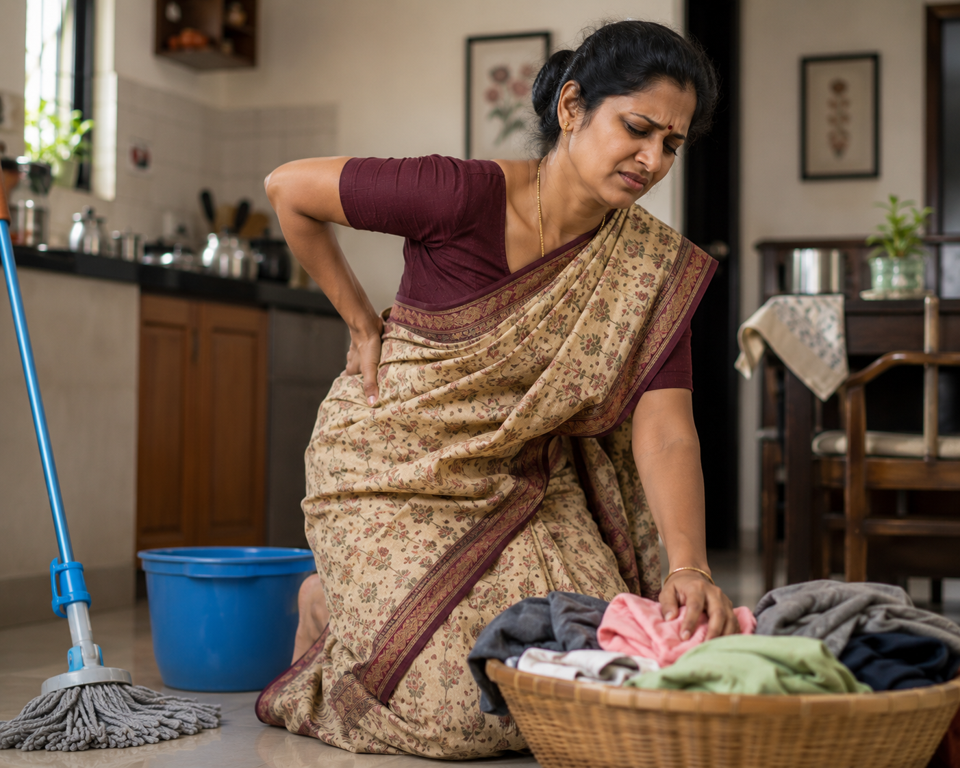 experiencing lower back pain while doing household chores at home.
